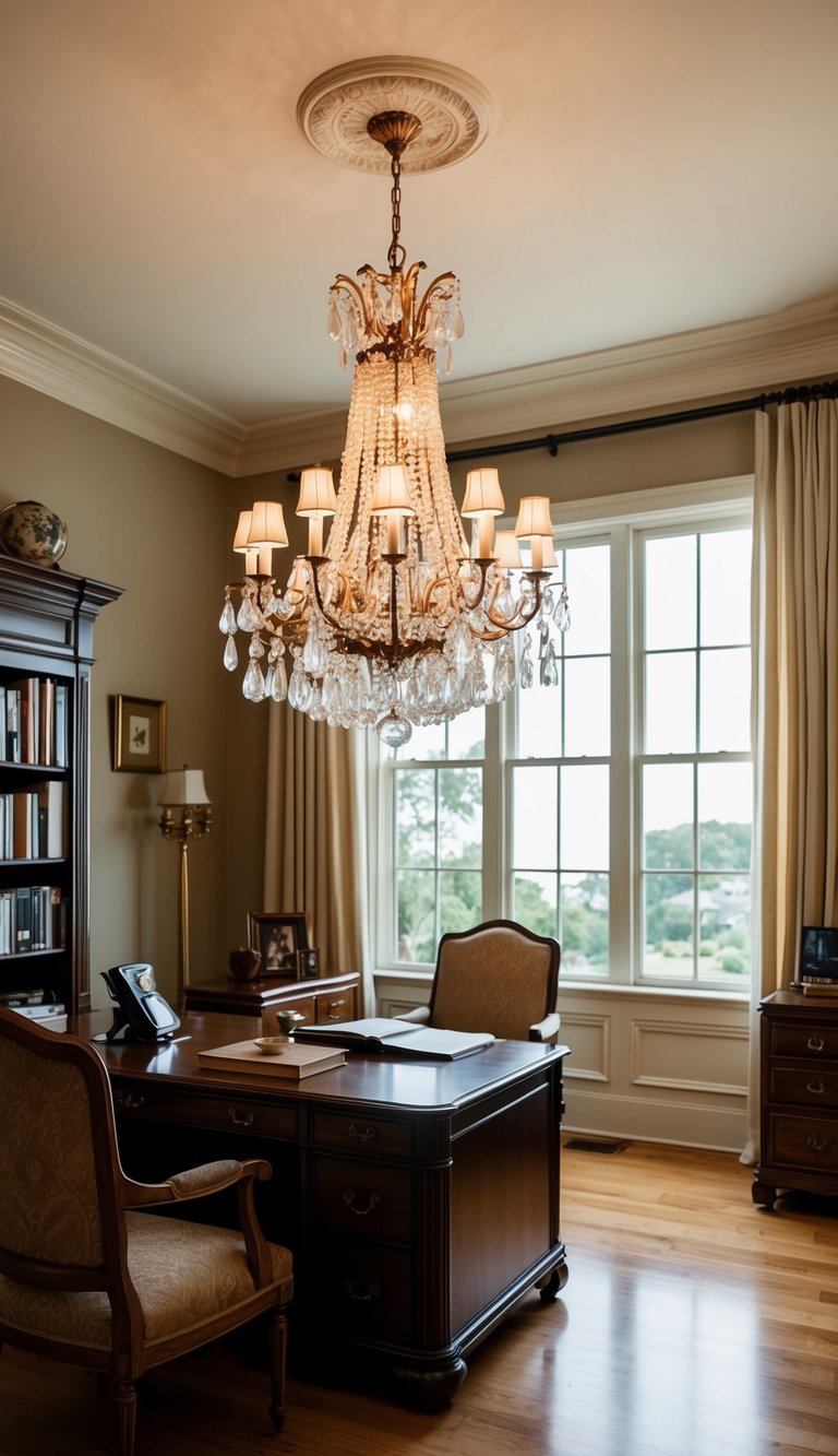 A vintage chandelier hangs above an elegant home office, casting warm light on classic furniture and decor
