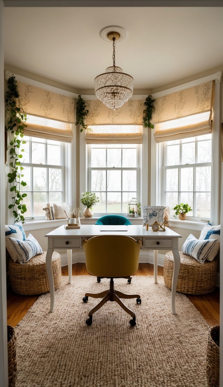 A cozy cottage chic home office with a desk placed in the middle of the room, surrounded by stylish decor and natural light streaming in through the windows