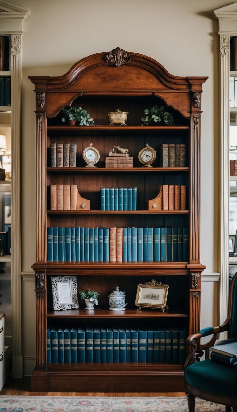 A classic wooden bookcase filled with vintage office decor and elegant accessories