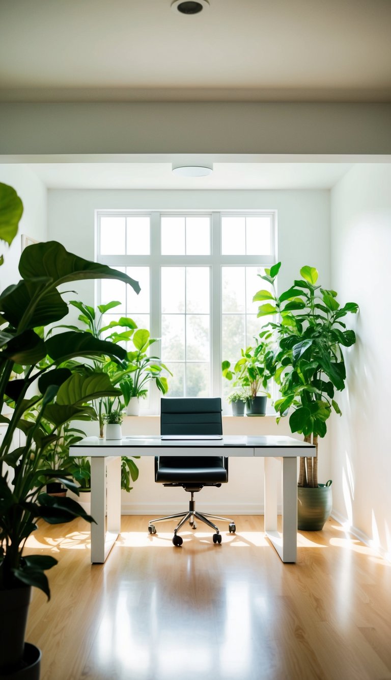 A bright, airy home office with lush green plants, natural light, and a sleek desk placed in the center of the room