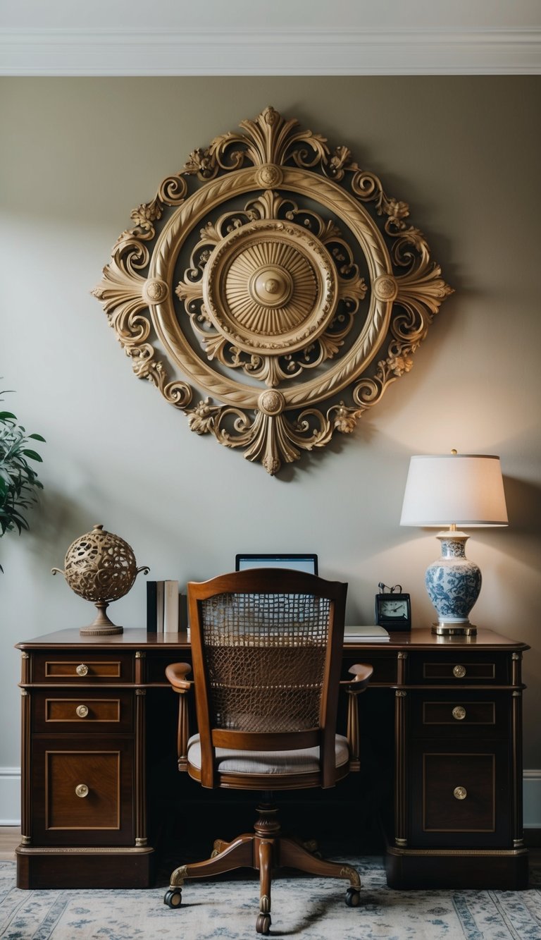 An ornate Art Nouveau wall art piece adorns a vintage home office, exuding timeless elegance and sophistication