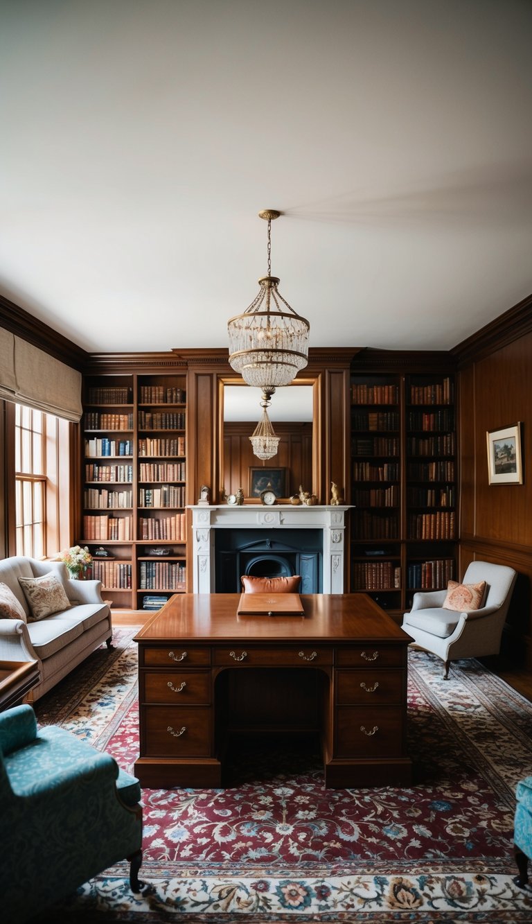 A traditional English study with a large desk in the center of the room, surrounded by bookshelves, a fireplace, and comfortable seating