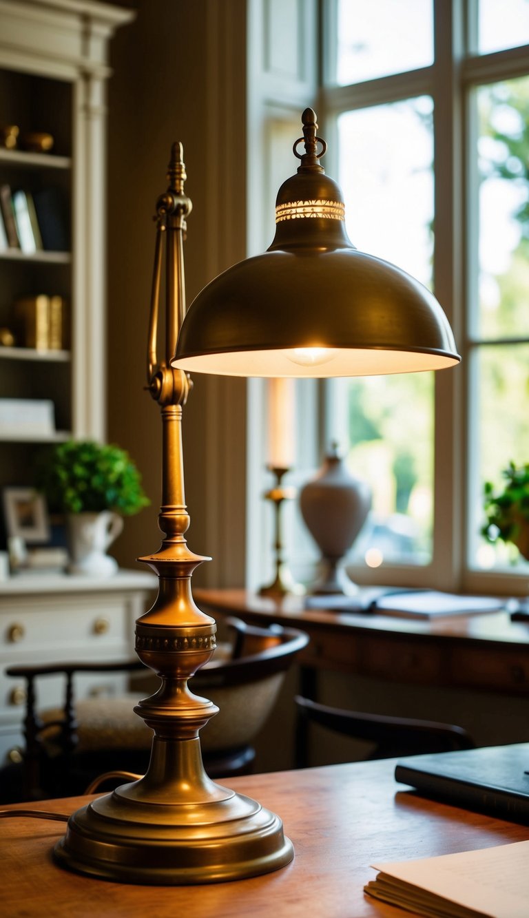 An antique brass desk lamp illuminates a vintage home office, casting a warm glow on the elegant decor