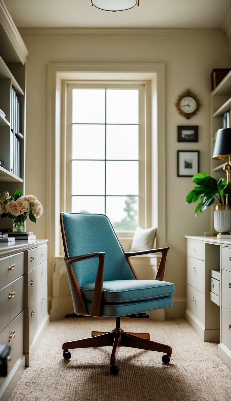 A mid-century modern chair sits in a vintage home office with elegant decor and timeless style