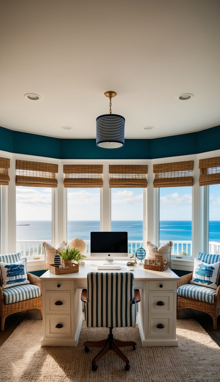 A cozy coastal home office with a desk placed in the middle of the room, surrounded by nautical decor and stunning ocean views