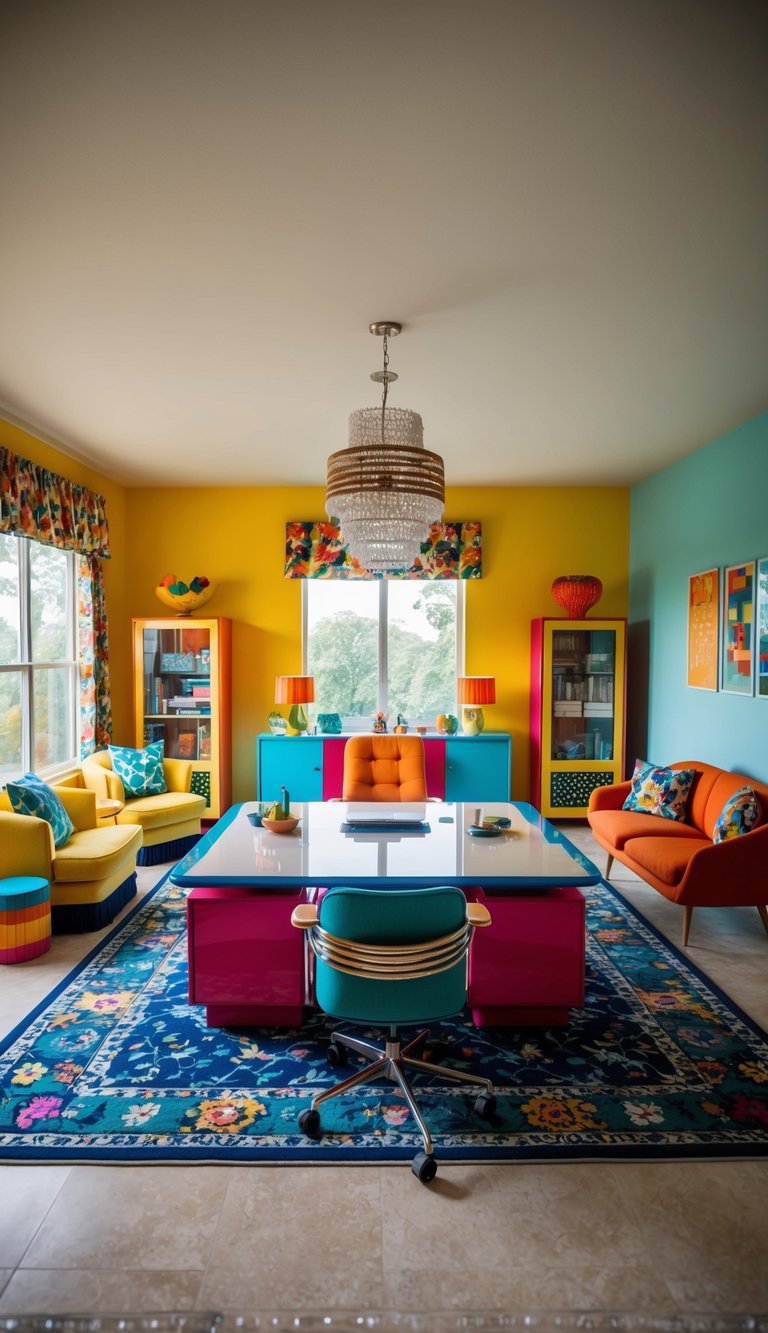 A spacious home office with vibrant 70s decor, featuring a central desk surrounded by colorful furniture and retro accents