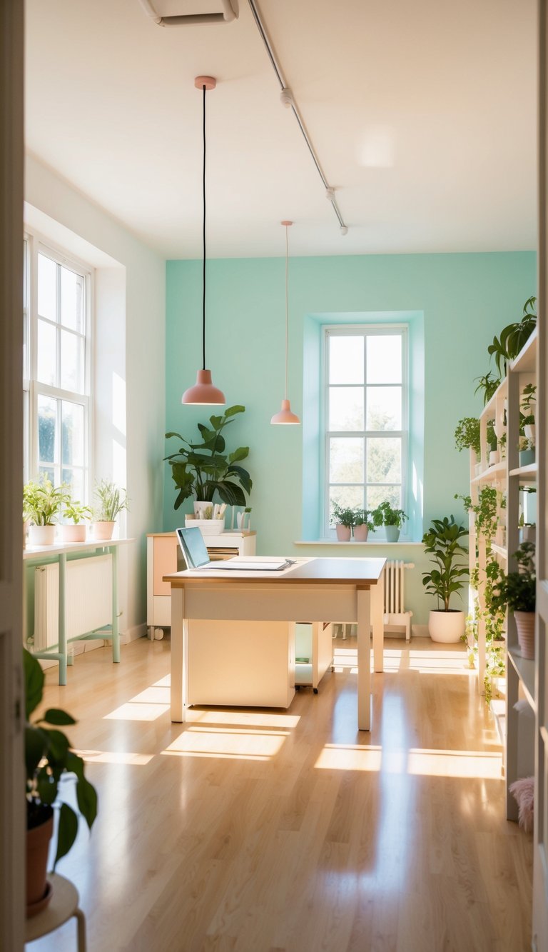 A bright, airy workroom with pastel-colored walls and furniture. A large desk sits in the middle of the room, surrounded by shelves and plants. Sunshine streams in through the windows, creating a warm and inviting atmosphere
