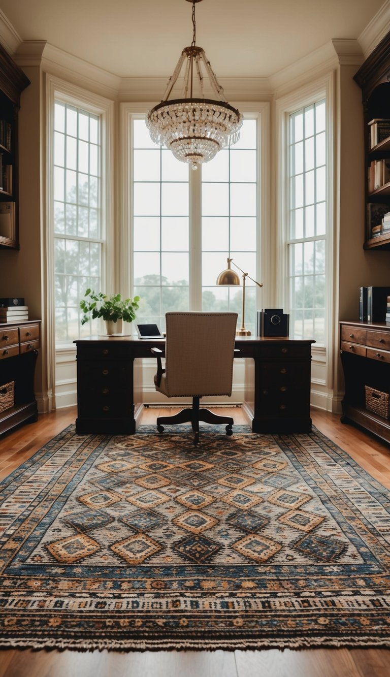 A handcrafted rug with geometric patterns lies in the center of an elegant vintage home office, adding a timeless and sophisticated touch to the room