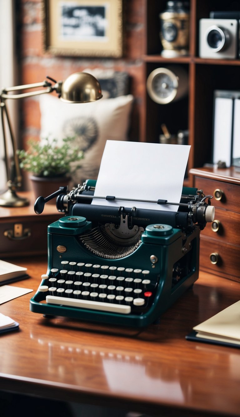 An old-fashioned typewriter sits on a wooden desk surrounded by vintage office decor