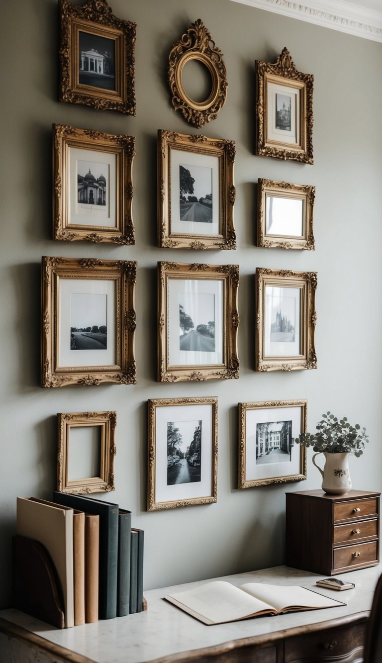 A collection of ornate picture frames arranged on a wall in a vintage home office, creating an elegant and timeless atmosphere