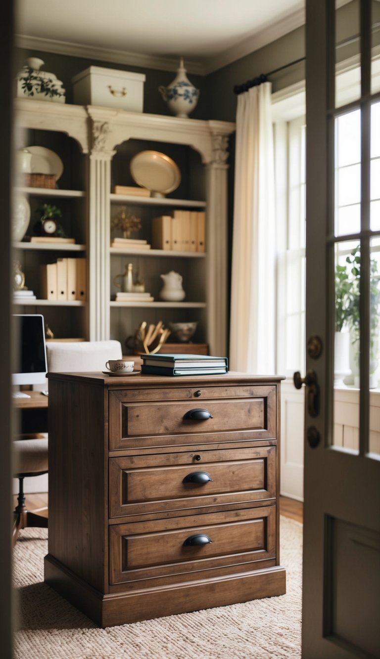 A rustic wooden filing cabinet sits in a vintage home office, surrounded by elegant decor and timeless design elements