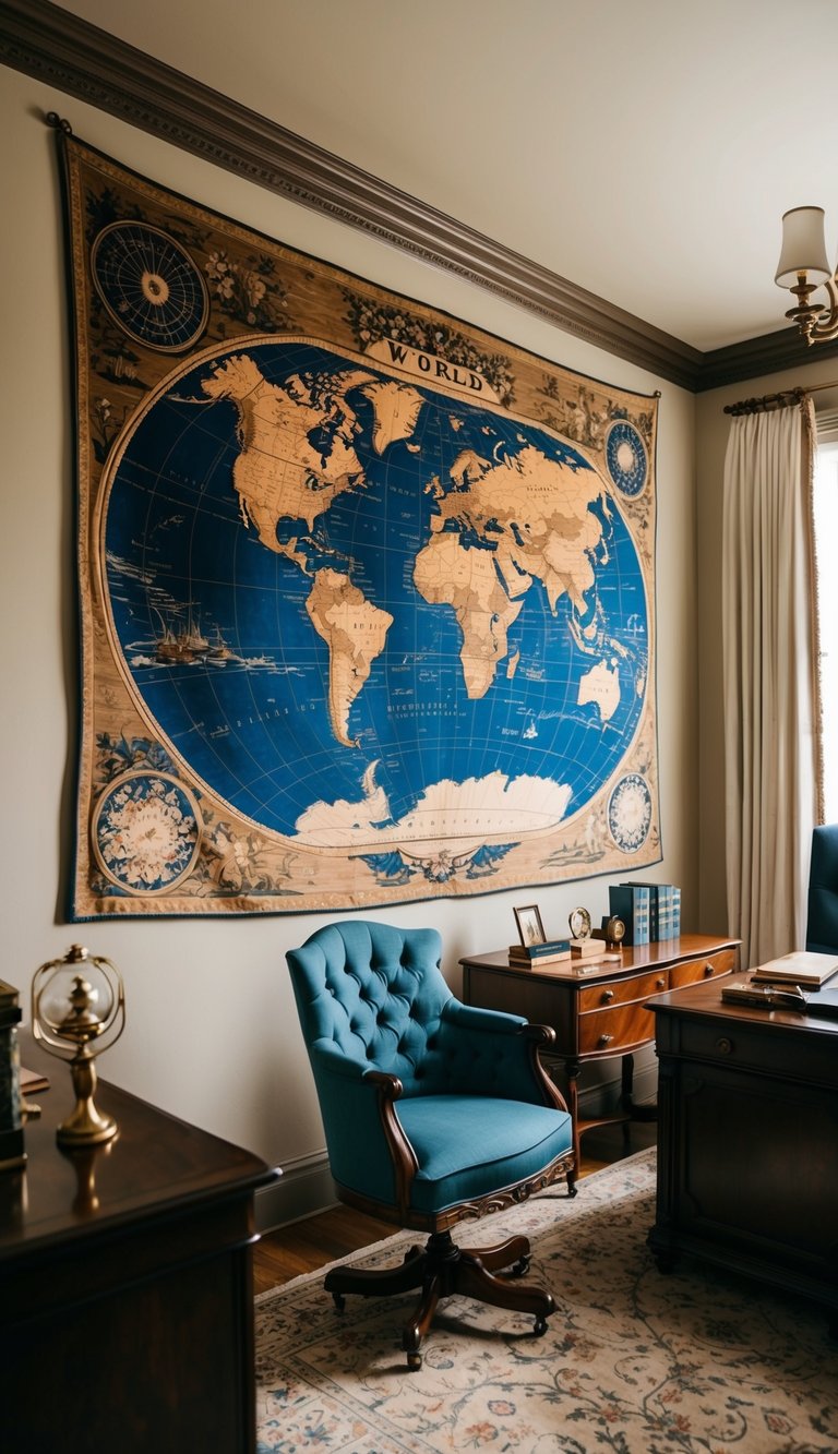 A vintage world map tapestry hangs on the wall in an elegant home office, surrounded by antique furniture and decor