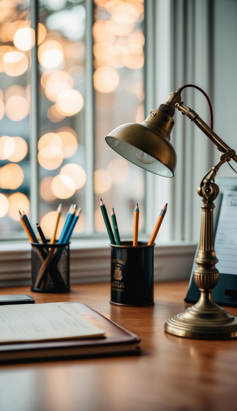 A vintage desk with a retro pencil holder, antique lamp, and classic office accessories