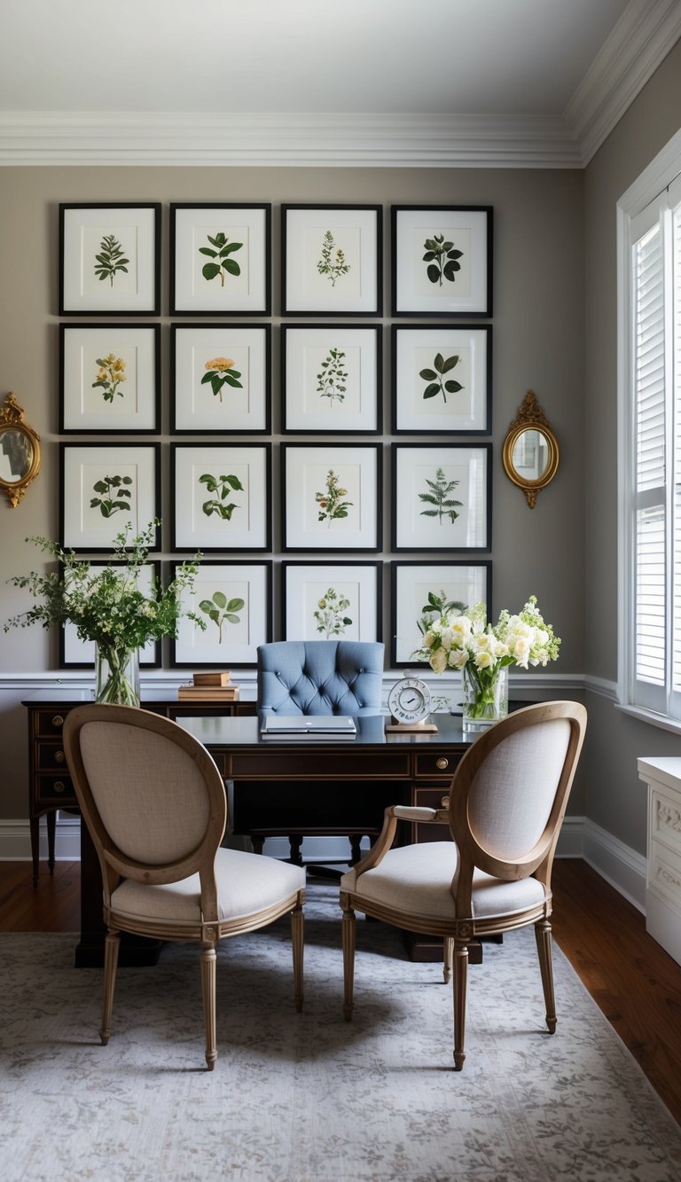 A home office with a gallery wall of framed botanical prints, vintage furniture, and elegant decor creating a timeless and sophisticated atmosphere
