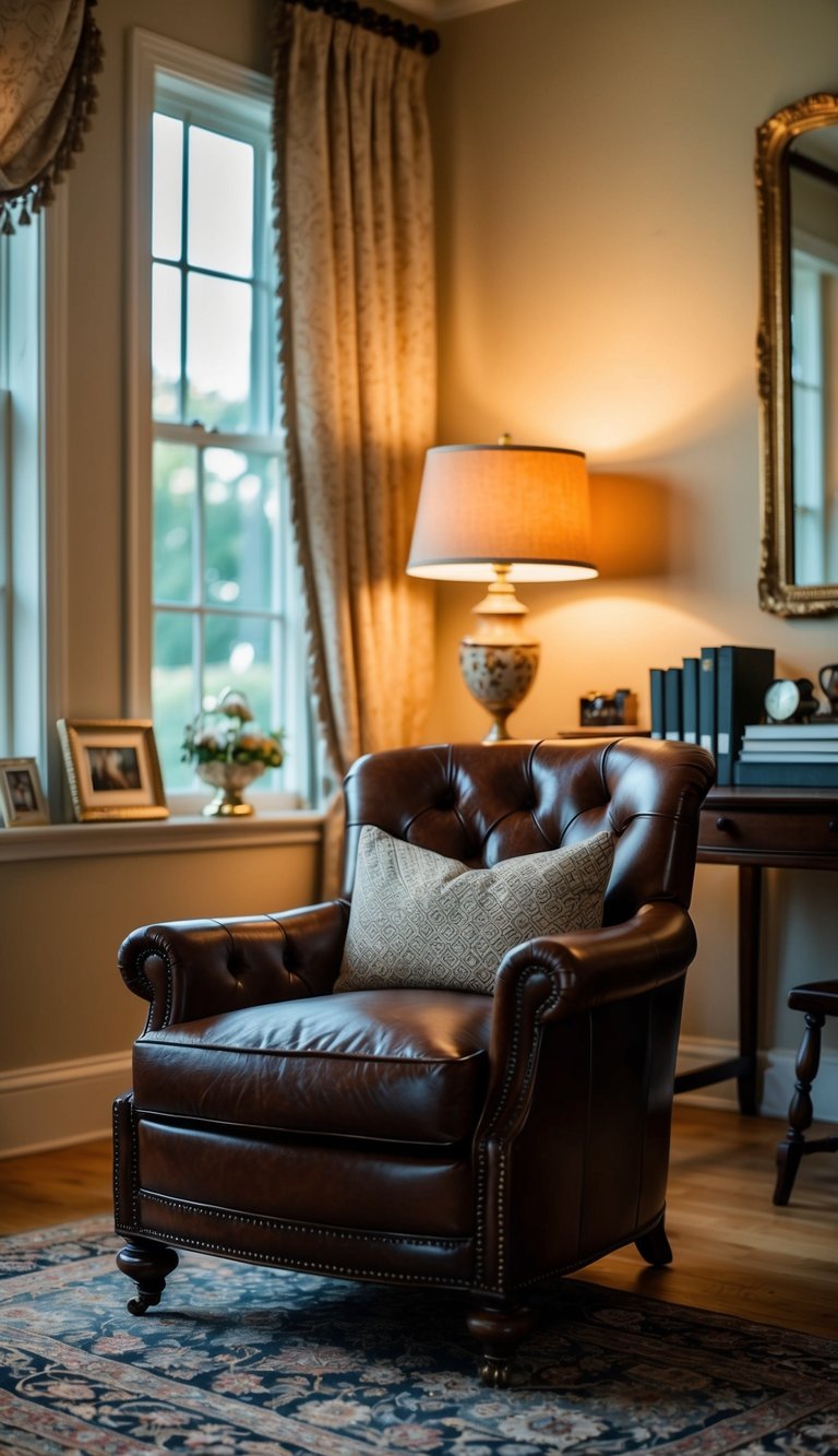 A leather club chair sits in a vintage home office, surrounded by elegant decor and warm lighting