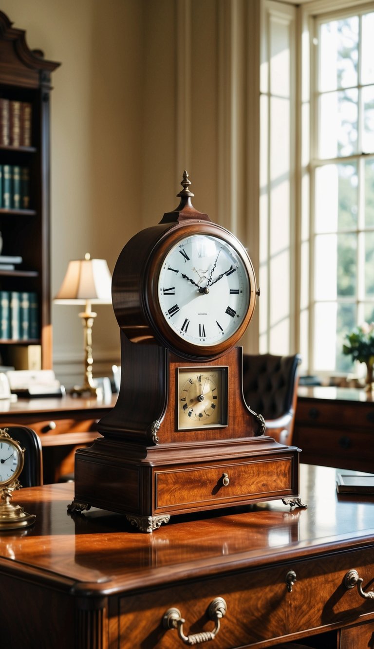 An antique wooden clock sits atop a mahogany desk, surrounded by vintage office decor and elegant furnishings. Sunlight streams through the window, casting a warm glow over the timeless scene