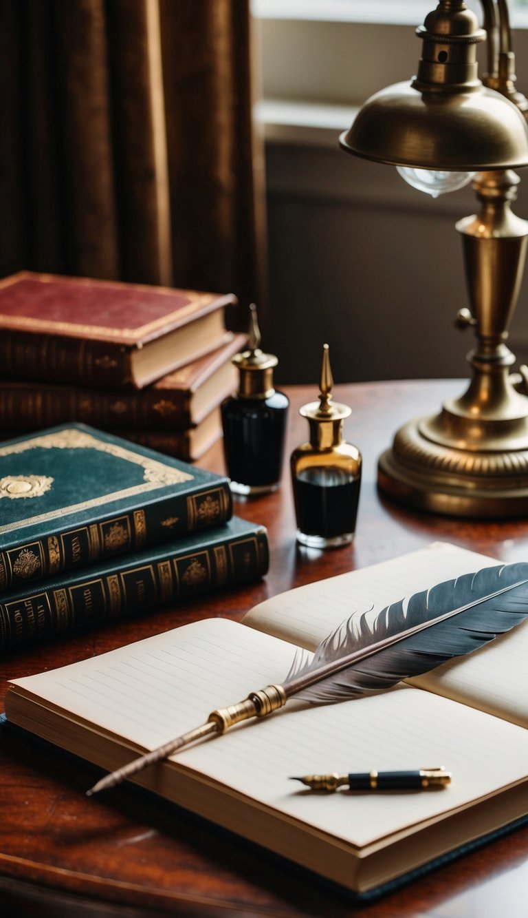 A vintage writing quill and ink set arranged on a mahogany desk with antique books and a brass desk lamp