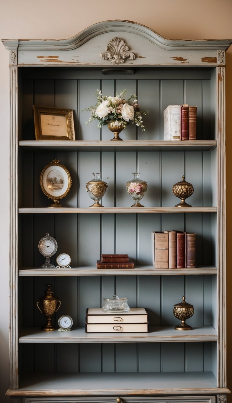 Distressed wooden shelving holding vintage office decor and elegant accents