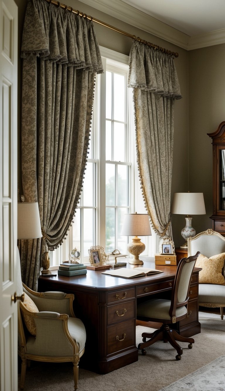 A vintage-inspired curtain fabric drapes elegantly in a timeless home office, adorned with antique furniture and decorative accents