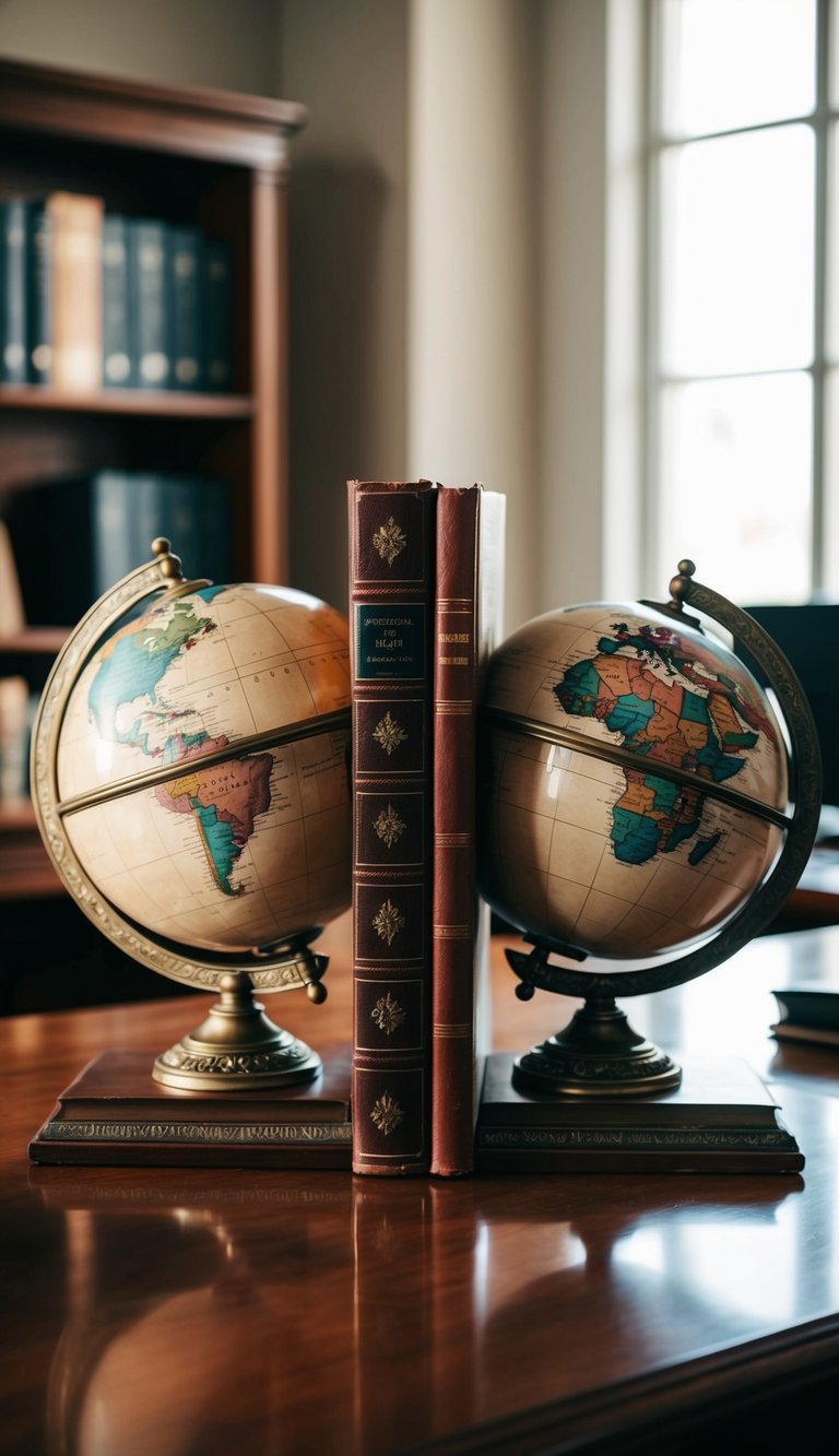 Two classic globe bookends holding up vintage books on an elegant office desk