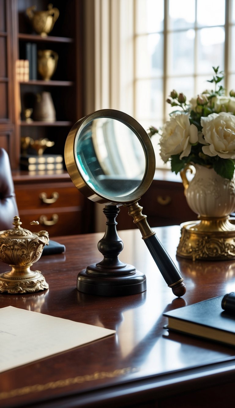 An antique magnifying glass sits on a mahogany desk, surrounded by vintage office decor and elegant accents