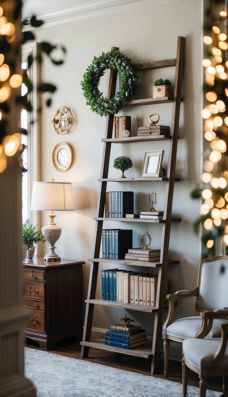 A rustic ladder shelf adorned with vintage office decor, surrounded by elegant furniture and timeless accents