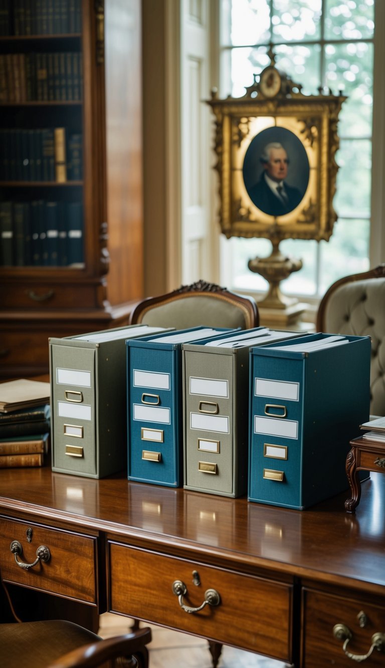 Vintage filing boxes neatly arranged on a wooden desk, surrounded by antique office decor and elegant furniture
