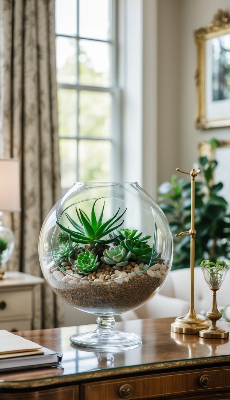 A glass terrarium filled with succulents sits on a vintage desk in a home office, surrounded by elegant decor and soft lighting