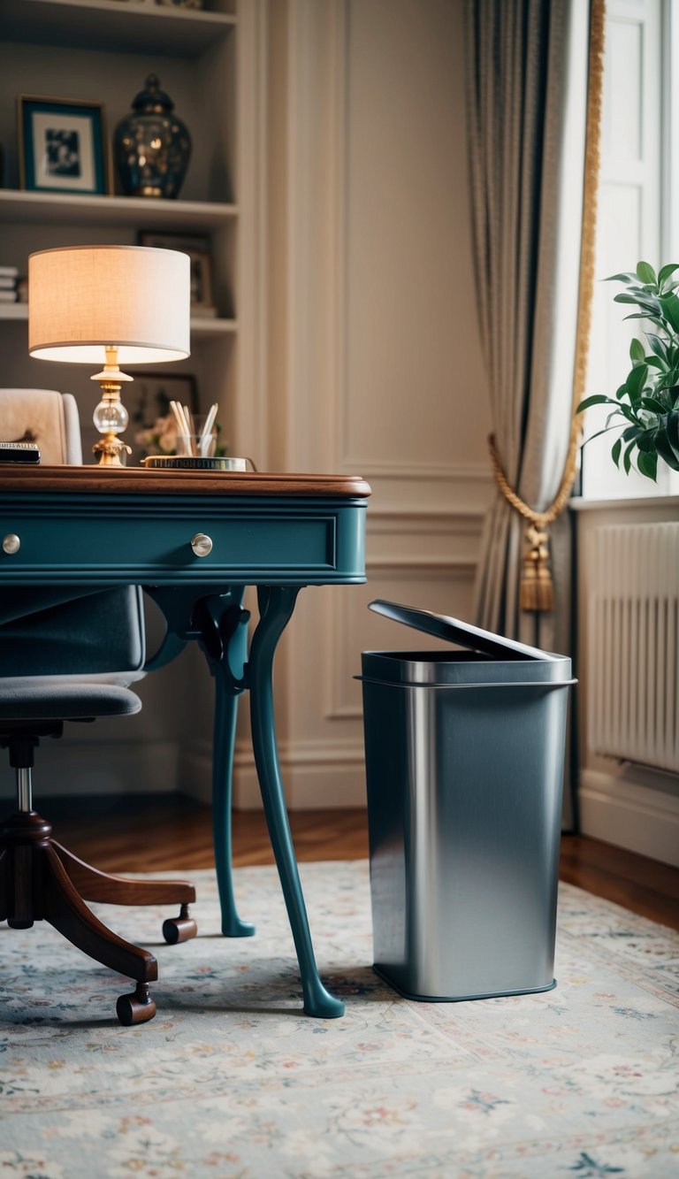 A retro metal waste bin sits next to a vintage desk in a stylish home office, surrounded by elegant decor and timeless design elements