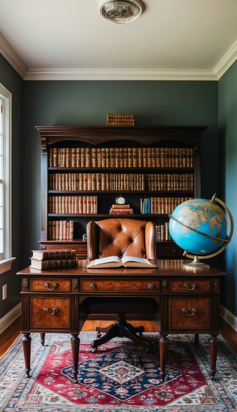 A cozy home office with a mahogany desk, antique leather-bound books, and a vintage globe on a Persian rug
