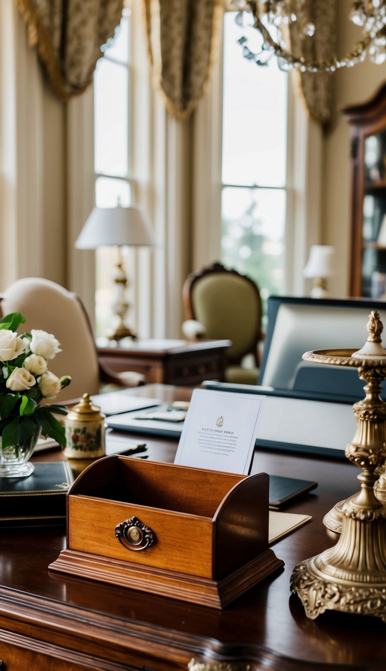 A vintage wooden letter holder sits on a desk in a home office, surrounded by elegant decor and antique furnishings
