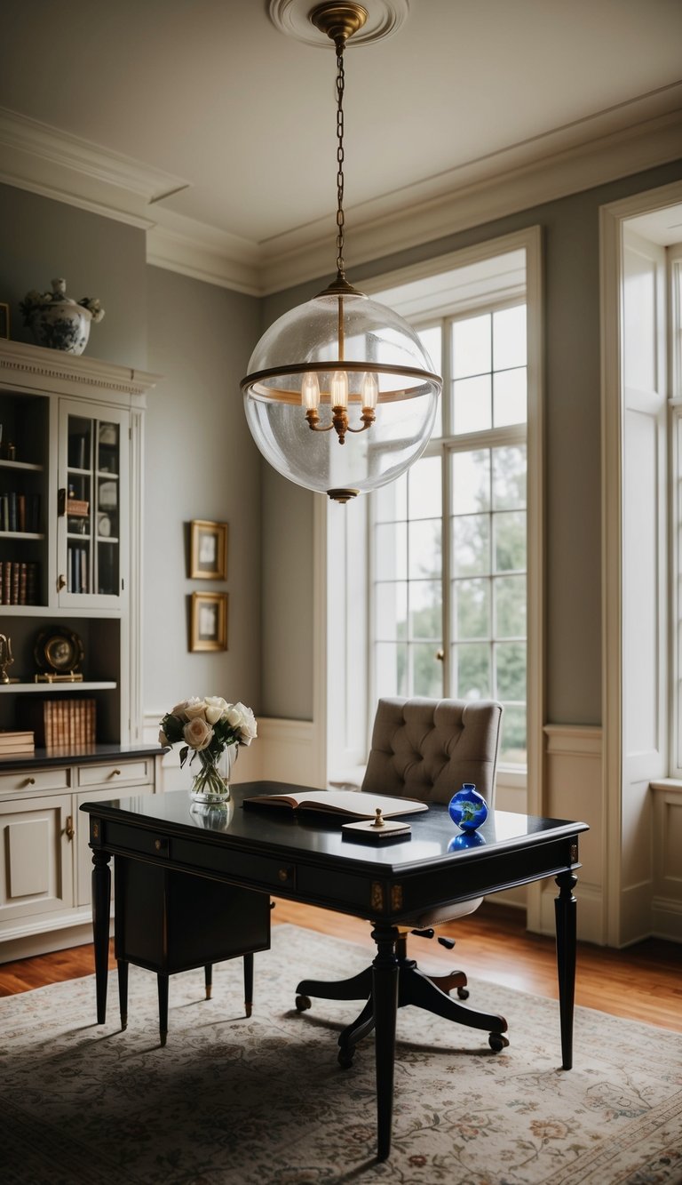 A vintage home office with a sophisticated globe pendant light hanging above a desk, surrounded by elegant decor and timeless furnishings