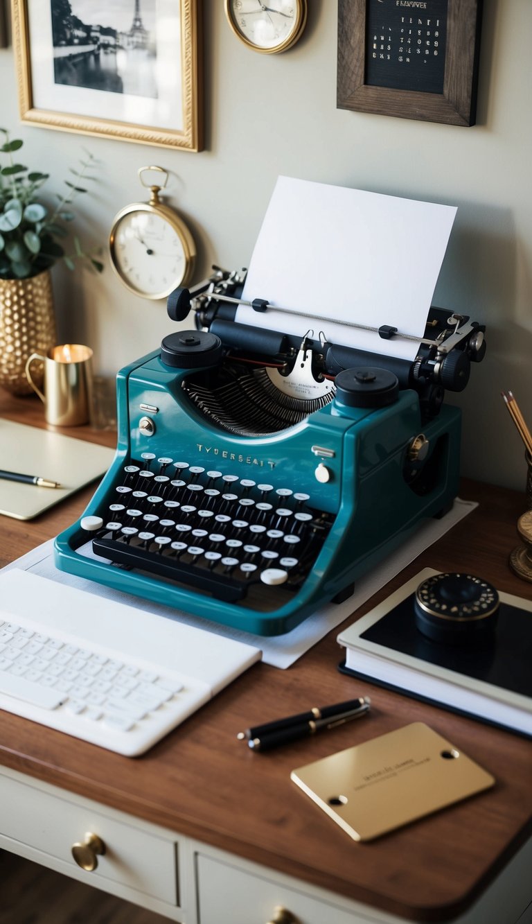 A vintage typewriter with elegant keys mounted on a wall, surrounded by vintage home office decor for a timeless look