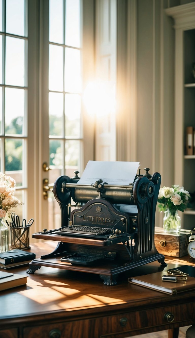 An antique letterpress sits on a vintage desk, surrounded by elegant decor and office supplies. Sunlight streams through a window, casting a warm glow on the timeless home office