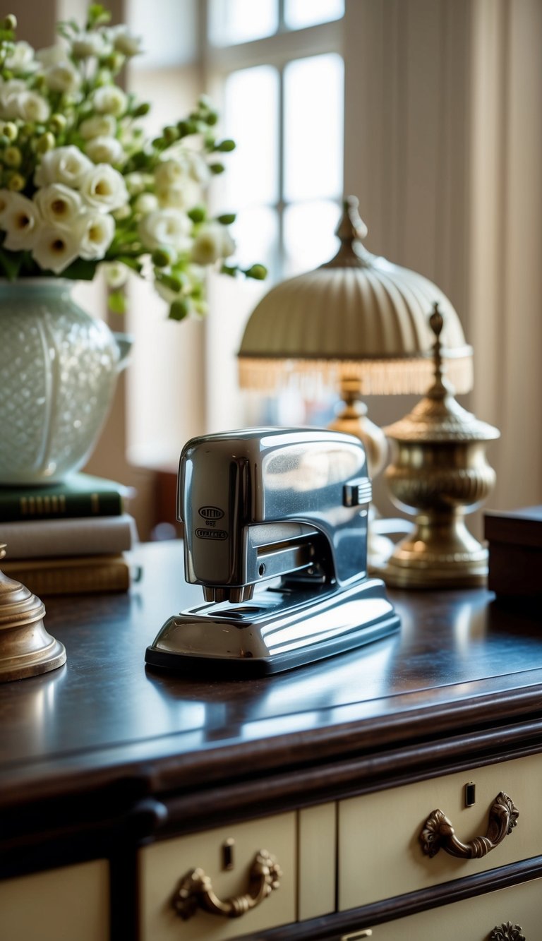 A vintage desk with a retro stapler, surrounded by elegant office decor and vintage accents