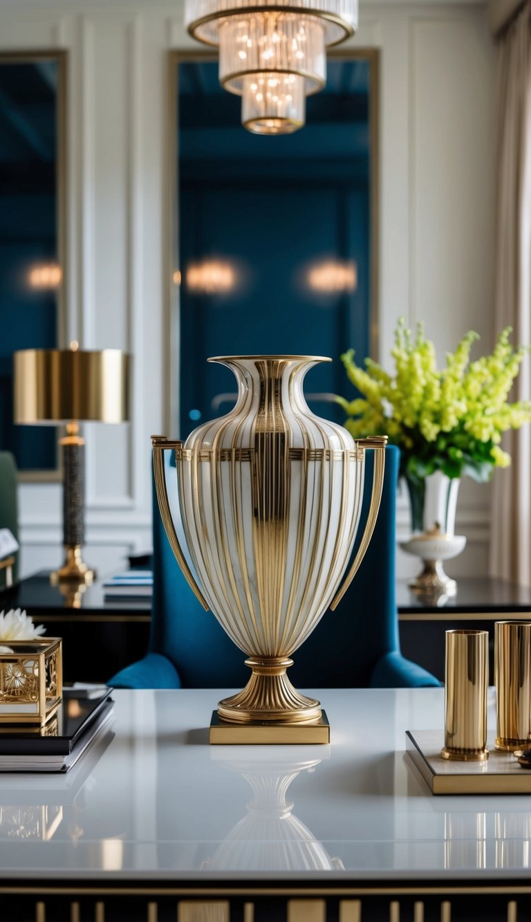 A vintage art deco vase sits on a sleek desk in a sophisticated home office, surrounded by elegant decor and timeless design elements