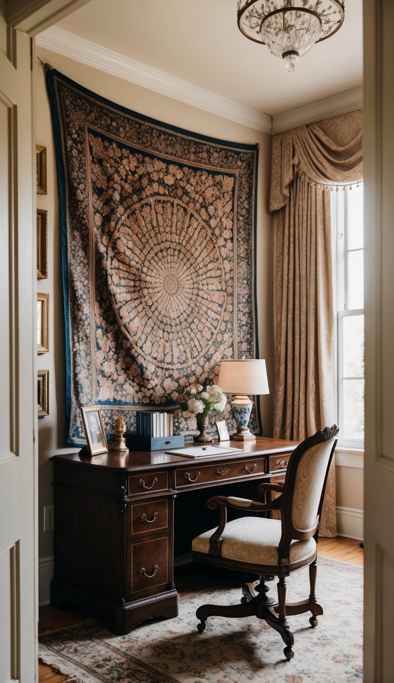 A vintage home office with patterned tapestry wall art, ornate desk, and antique decor