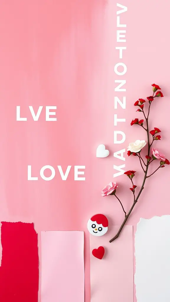 A color palette featuring shades of pink and red for Valentine's Day decoration, with floral elements and playful heart designs.