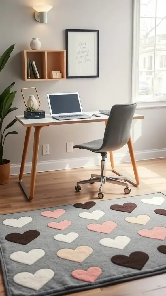A cozy home office featuring a gray rug with heart patterns in soft shades of pink, cream, and brown.