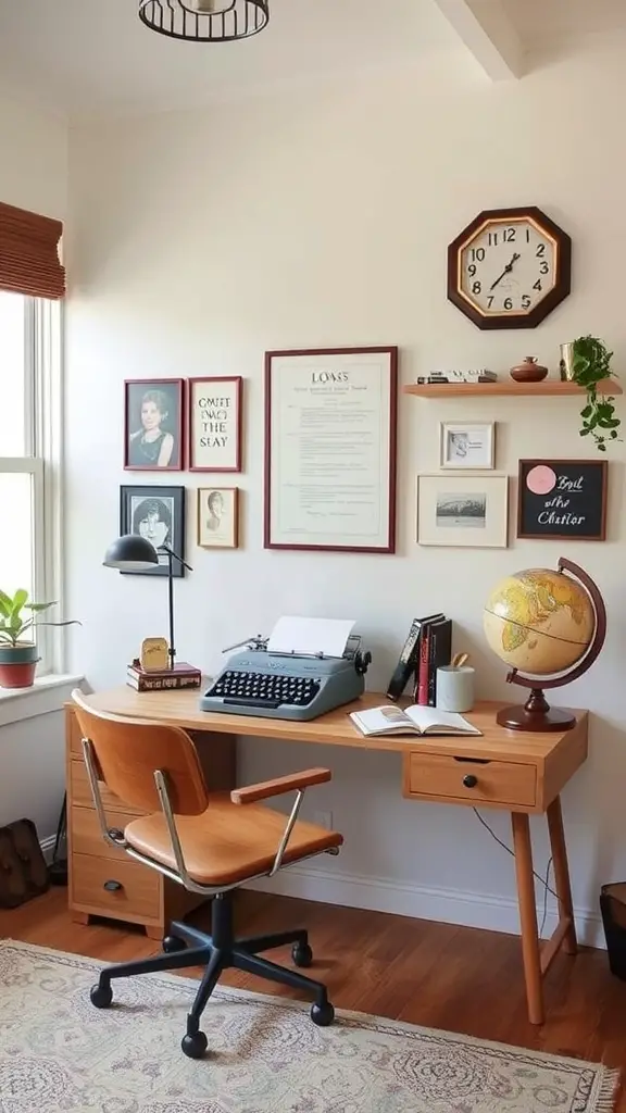 Home office desk featuring vintage decor elements like a typewriter, globe, and framed art.