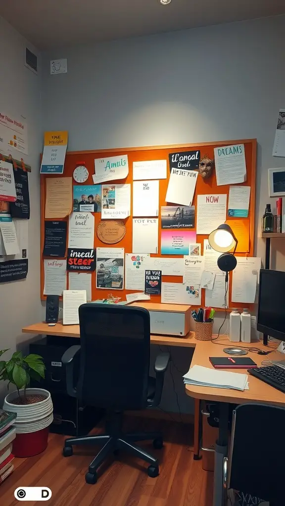 A home office desk corner featuring a vision board with colorful notes and a small plant.