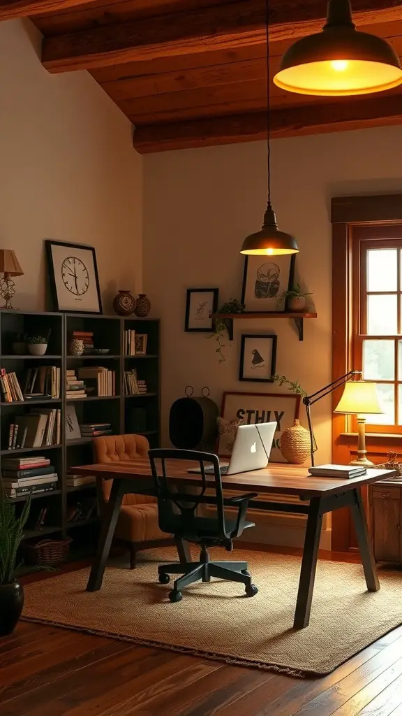 Cozy farmhouse home office with warm lighting fixtures, wooden ceiling, and a comfortable desk setup.