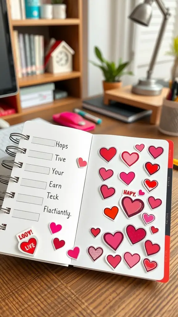 A notebook with heart-shaped stickers in red and pink, creating a whimsical and festive workspace for Valentine's Day.