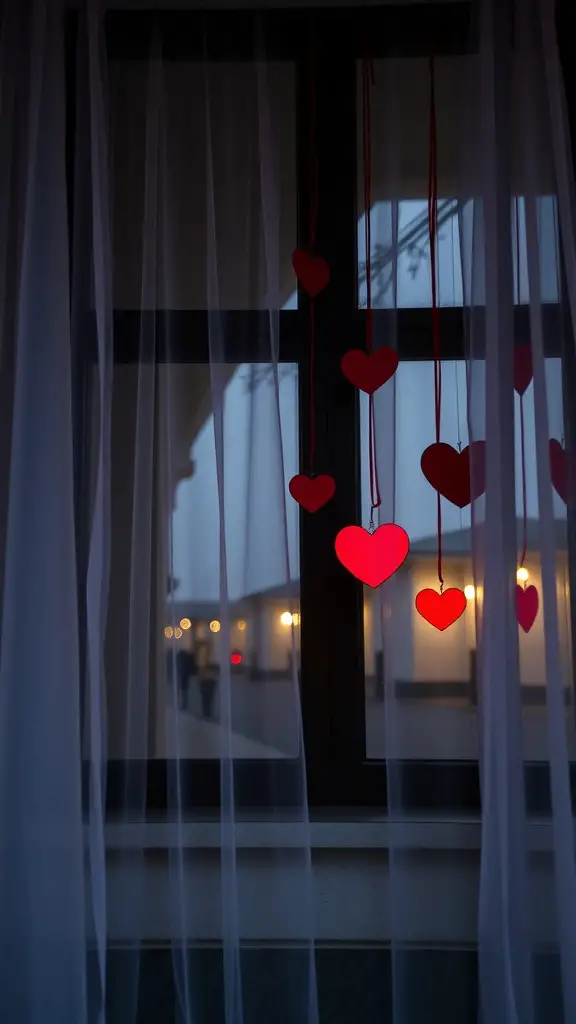 A window decorated with red hearts hanging from ribbons, surrounded by sheer white curtains.