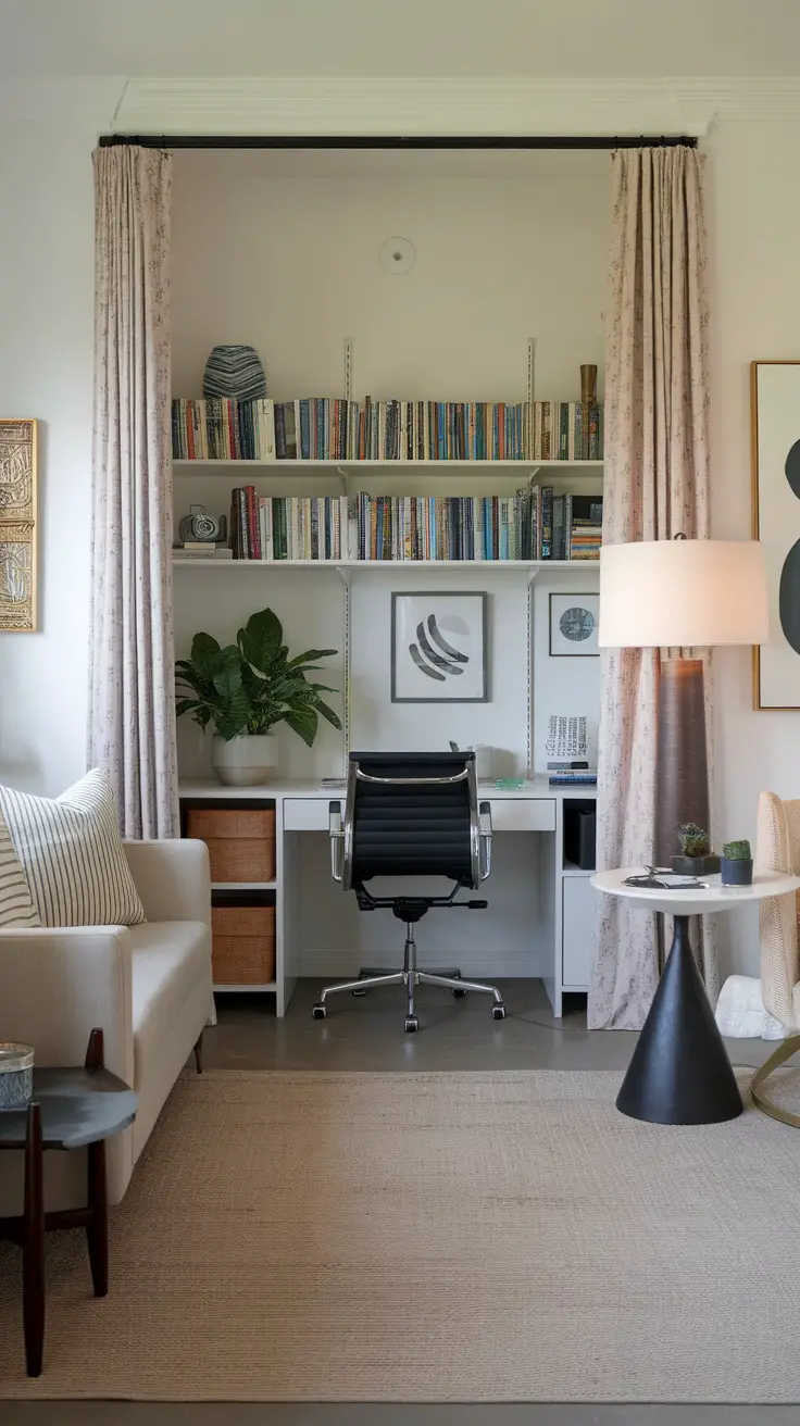 A modern home office featuring a desk, chair, bookshelves, and plants, creating a cozy workspace.