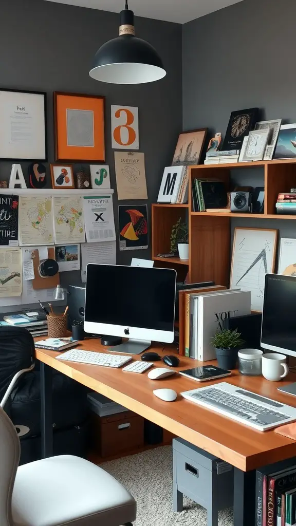 A modern home office desk with organized decor, including framed art on the walls, a plant, and a well-arranged workspace.