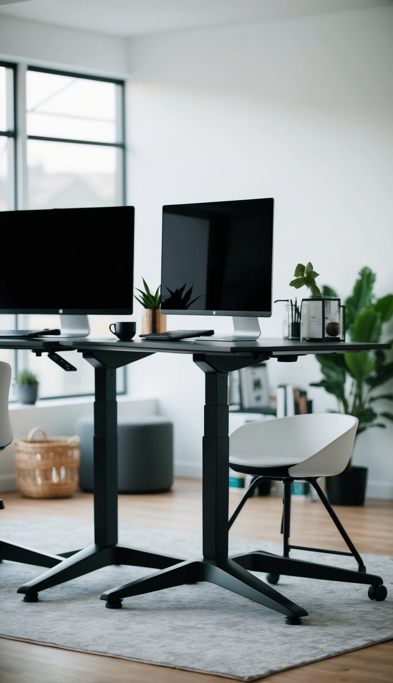 Two sleek, adjustable-height desks side by side in a modern home office, with stylish decor and organization