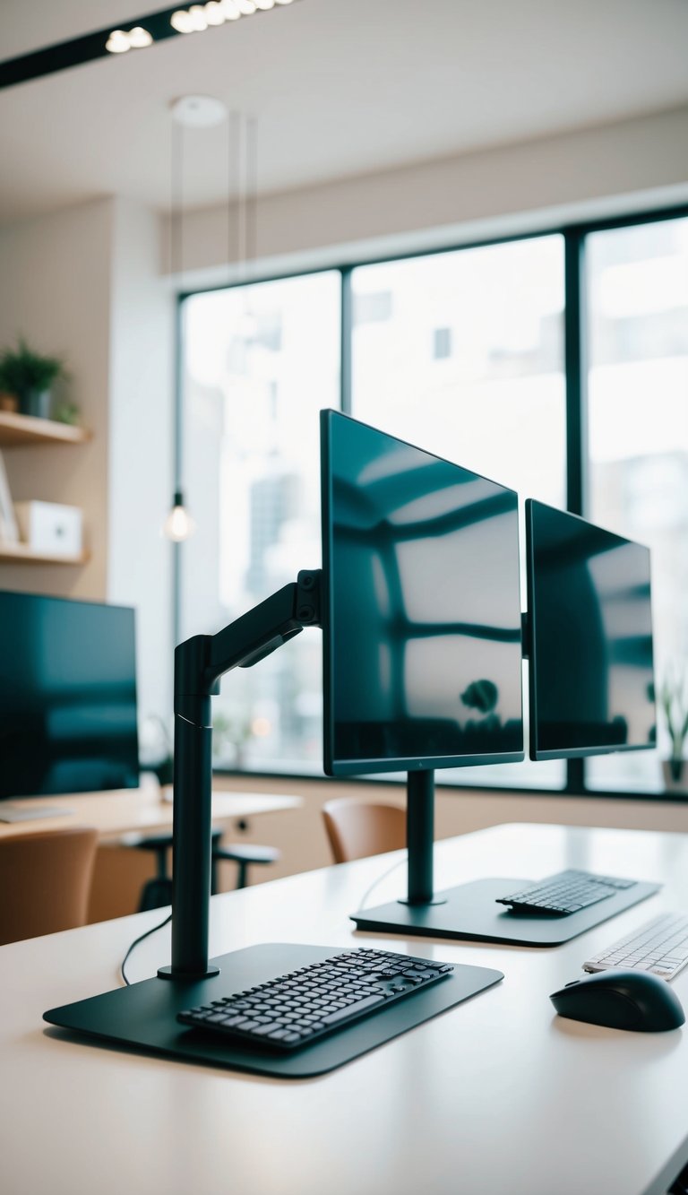 Two sleek dual monitor mounts on separate workstations in a modern home office setting