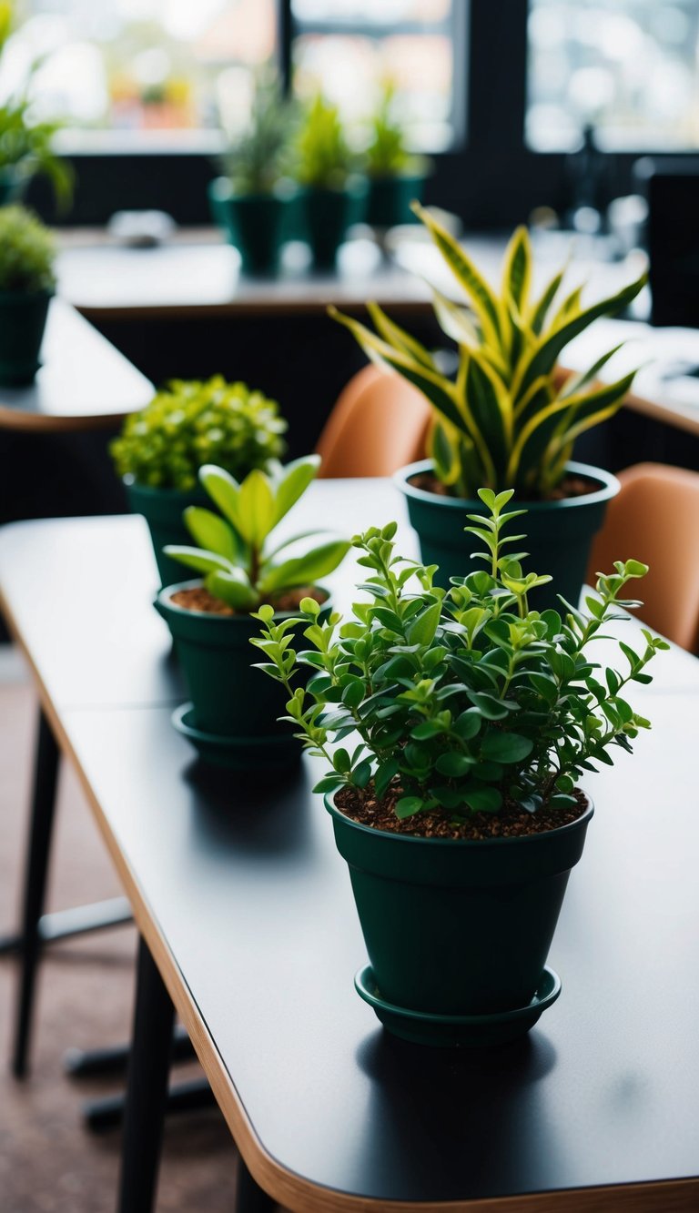Lush green plants in small pots adorn the space between stylish desks