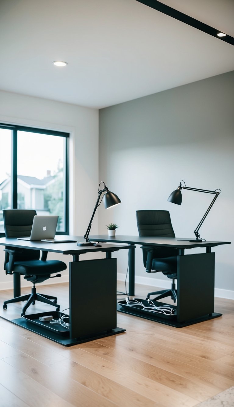 Two desks in a modern home office with sleek cable management trays underneath
